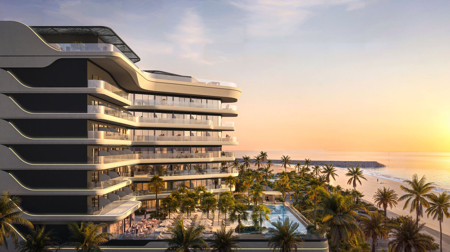 Ampersand Beach House, Dubai Islands — terraces and beach club at sunset