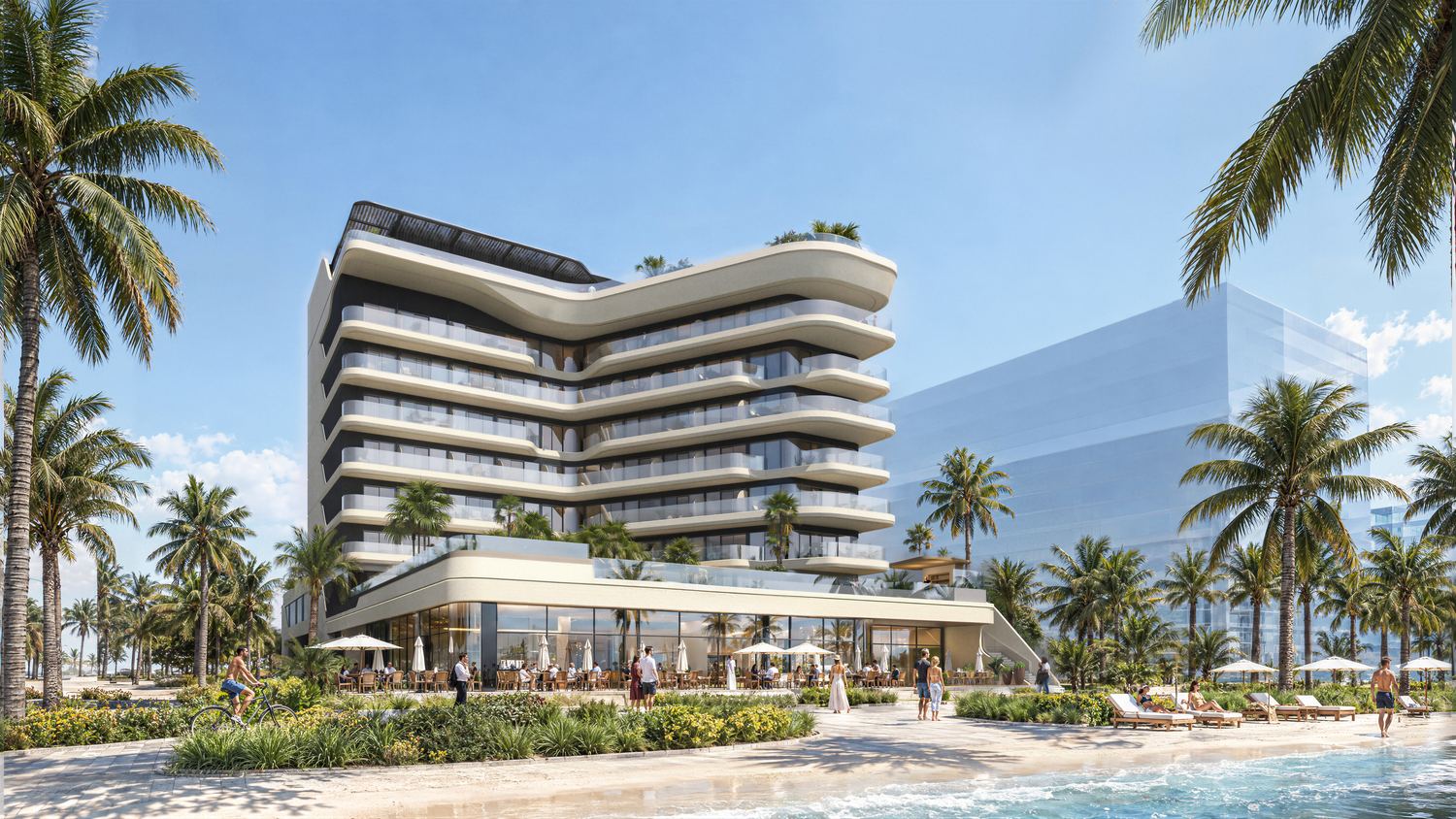 Ampersand Beach House, Dubai Islands — the beachfront and pavilion from the water
