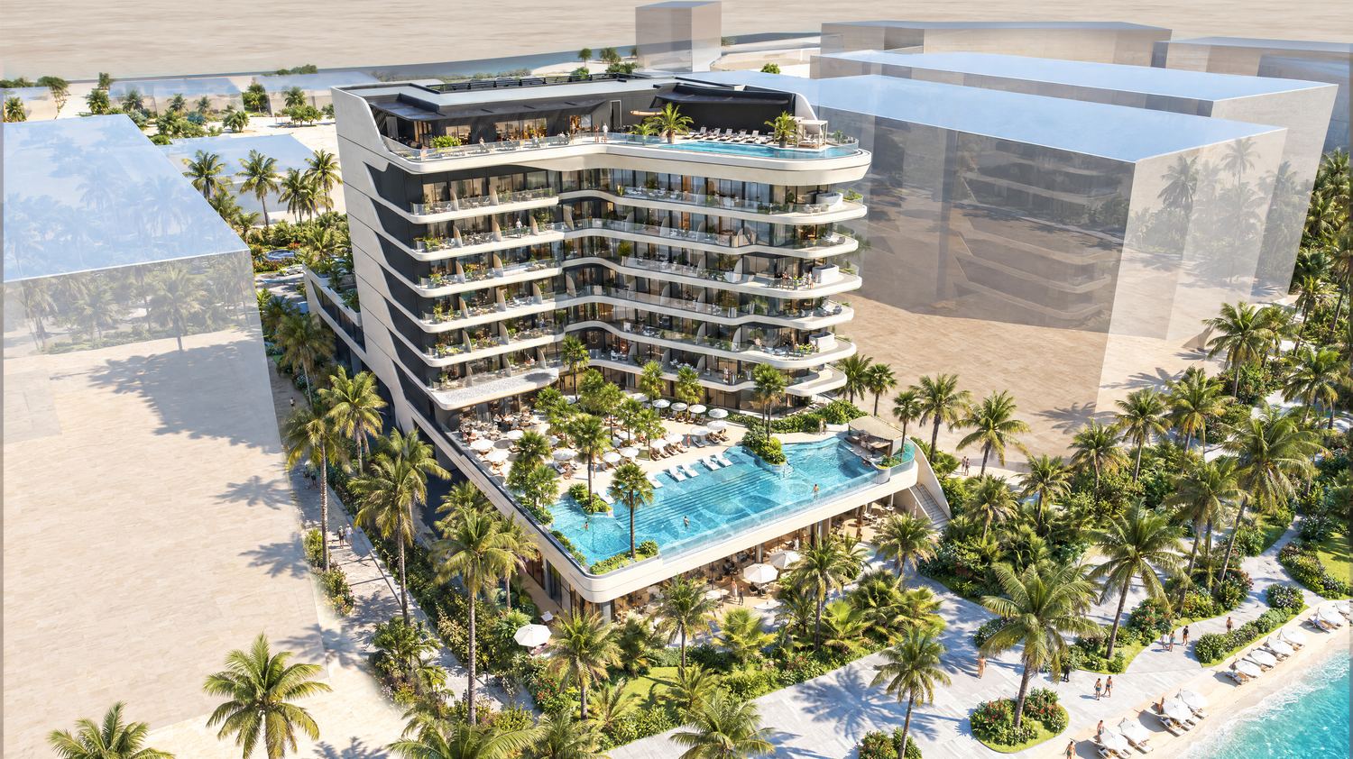 Ampersand Beach House, Dubai Islands — the pool deck from above
