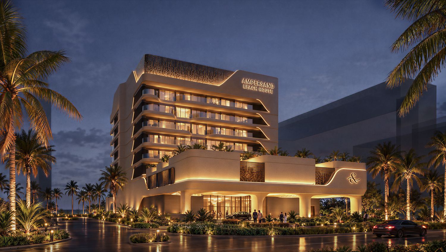 Ampersand Beach House, Dubai Islands — the street elevation and arrival at dusk